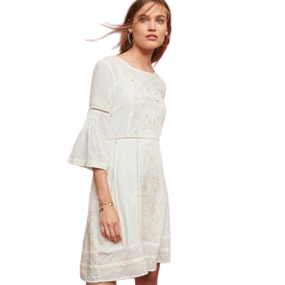 Anthropologie White Embroidered Long-Sleeve Boho Dress